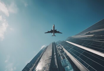 Bottom view of a plane flying in the sky over skyscrapers