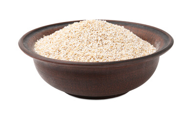 Raw barley groats in bowl isolated on white