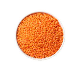 Raw lentils in bowl isolated on white, top view