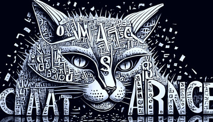 black and white image of a cat created from letters.
