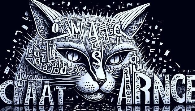 black and white image of a cat created from letters.