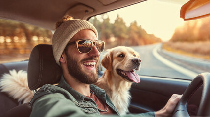man and dog enjoying a car ride - obrazy, fototapety, plakaty