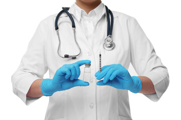 Doctor holding medical syringe and glass vial on white background, closeup