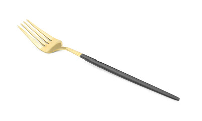 One shiny golden fork with black handle isolated on white