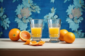 pair of full juice glasses amid whole and halved oranges