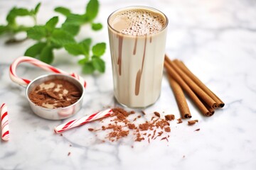 fresh peppermint sticks and chocolate shavings beside a peppermint mocha on marble
