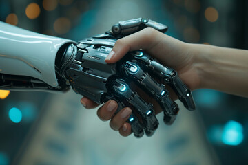 In a close-up frame, the synergy of robotic precision and human warmth converges as hands unite&mdash;a symbol of seamless business, partnership, and collaboration