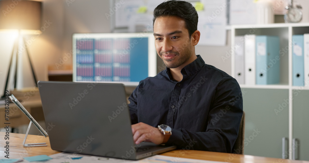 Poster happy man in office, typing on laptop and planning online research for creative project at professio