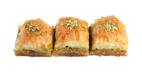 Delicious fresh baklava with chopped nuts isolated on white. Eastern sweets