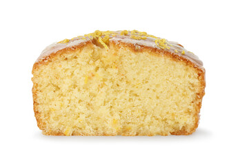 Tasty cut lemon cake with glaze isolated on white