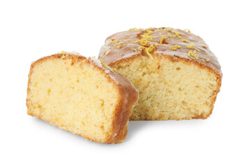 Tasty cut lemon cake with glaze isolated on white
