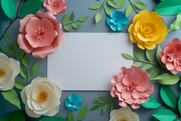 top view of white blank card on multicolored paper flowers with green leaves on grey background