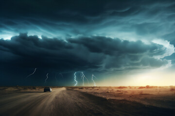 sunset over the road with car and dramatic clouds