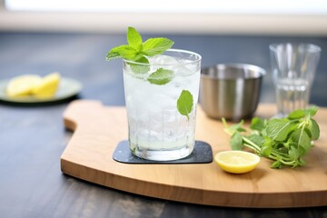 gin and tonic with fresh mint leaves on slate coaster