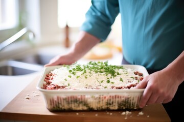 Obraz na płótnie Canvas layering a lasagna in a baking dish