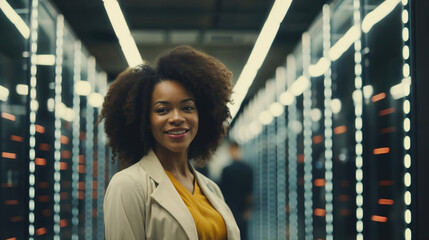 Confident Afro woman smiling in data center with server racks. - obrazy, fototapety, plakaty