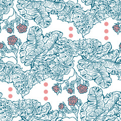 Tropical plant leaves vector pattern for textile design, fabric print, wallpaper, digital paper. Palm tree leaf background, jungle vintage style, hand drawn illustration for cafe, spa hotel decoration