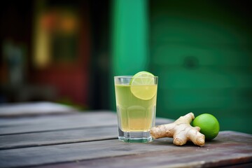 glass of ginger ale with lime wedge on wooden table