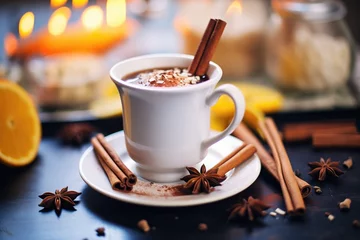 Fotobehang hot chocolate with cinnamon sticks and star anise on top © studioworkstock