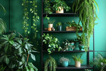 Beautiful potted plants near green wall in room. Stylish composition of home garden interior.