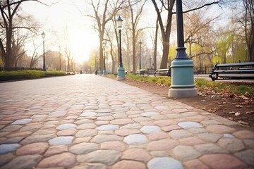 Fototapeta premium cobblestone path in old city park, lamps along side