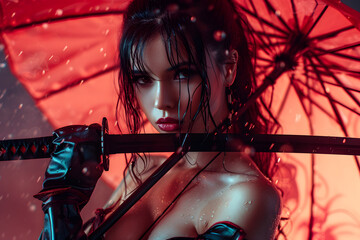 Swordswoman Allure: Sexy and Graceful Katana Girl in Art Poster