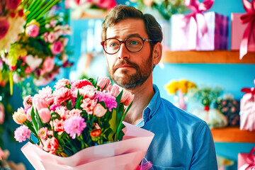 Valentine's Dilemma: Man with Bouquet in Floral Shop