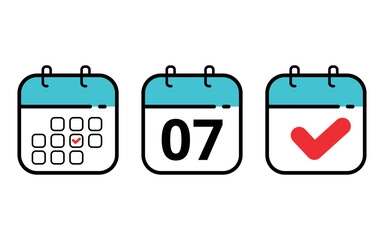 Three calendar icons in different formats. Calendar flat icons for sits blogs and graphic resources. Calendar with a specific day marked, day 07.