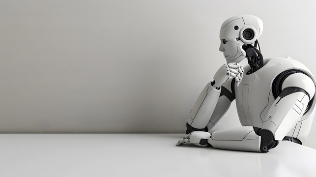 Photo of white detailed robot simulating a thought process on white background. Technological concept