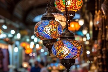 Traditional colorful handmade Turkish Arabic lamps and lanterns hanging in a store for sale