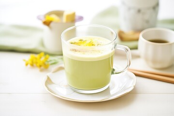 Obraz na płótnie Canvas matcha latte in a clear mug, layered milk and matcha visible