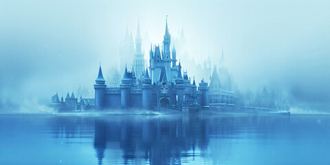 Enchanting Blue Castle Reflection: A Mystical, Foggy Morning View of a Majestic Castle Surrounded by Water