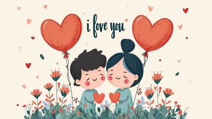 Illustration of a girl with a boy with balloons on a festive light background with space for text. Valentine's Day card