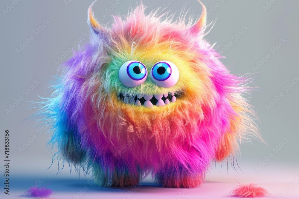 Wall mural Cute multicolored furry monster 3D cartoon character.