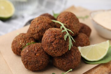 Delicious falafel balls, arugula and lime on table, closeup