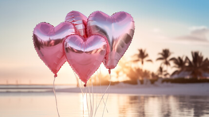 Fototapeta premium Pink heart balloons bouquet. Happy Valentine's day concept. AI generated image.