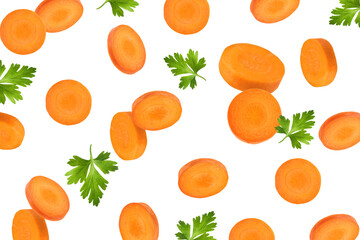 Fresh carrot slices and green parsley falling on white background