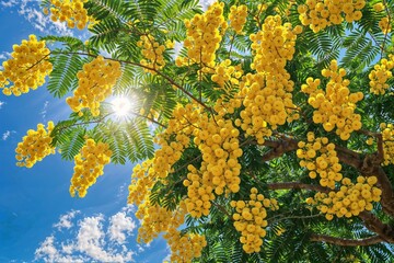 A mimosa tree in full bloom, its branches laden with fluffy yellow flowers and rich green foliage, set in a serene garden setting, symbolizing joy and renewal, bright and lively