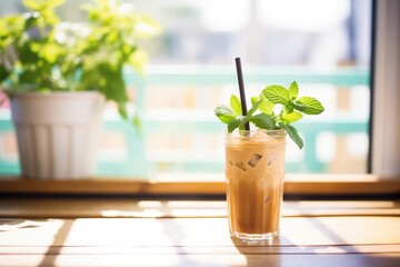 iced chai latte in sunlight by fresh potted mint