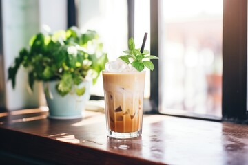 iced chai latte in sunlight by fresh potted mint - obrazy, fototapety, plakaty