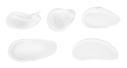Samples of cosmetic gel isolated on white, top view