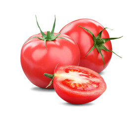 Whole and cut ripe tomatoes isolated on white