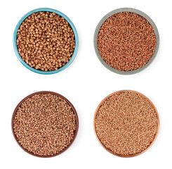 Buckwheat grains in bowls isolated on white, top view