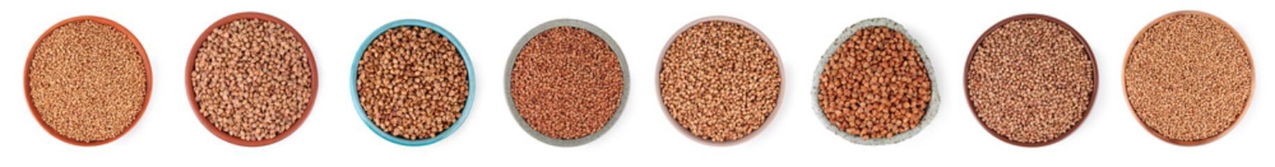 Buckwheat grains in bowls isolated on white, top view