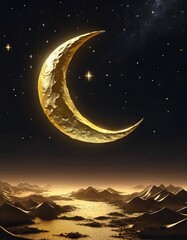 Obraz na płótnie Canvas Golden Crescent Moon With Stars in the Sky for Eid al-Fitr Background