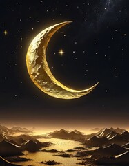 Naklejka premium Golden Crescent Moon With Stars in the Sky for Eid al-Fitr Background