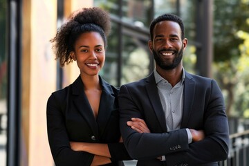 Portrait of happy multi ethnic business couple posing with arms crossed - obrazy, fototapety, plakaty