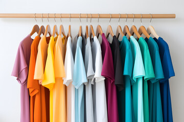 Photo of rack of T-shirts of different colors hanging on hangers. Fashionable and varied clothing concept