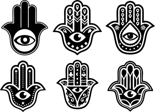 Hamsa hand set, Hand of Fatima, amulet, symbol of protection from devil eye. Decorative pattern in oriental style for interior decoration and henna drawings.Multipurpose high HD resolution.