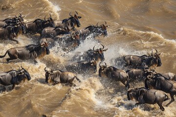 Wildebeests are crossing Mara river. Great Migration. Kenya. Tanzania. Maasai Mara National Park.